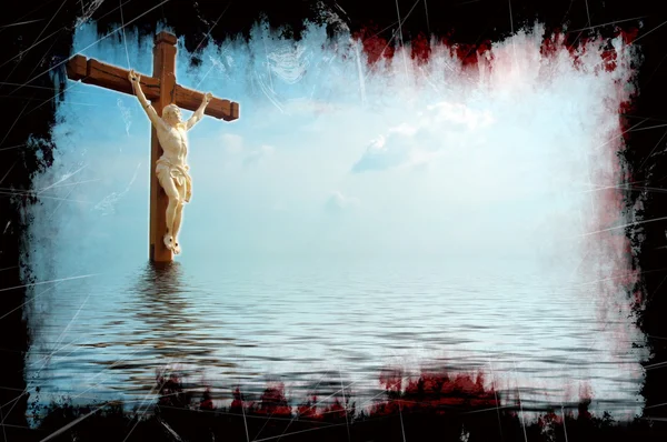 Jesus haloed on a cross standing in the middle of the ocean. Grunge frame and weathering with blood-color trails on adding beautiful drama to the picture. — Stock Photo, Image