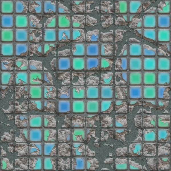 An old, chipped and cracked blue and green ceramic tile mosaic - seamless texture perfect for 3D modeling and rendering — Stock Photo, Image