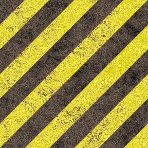 Old grungy yellow hazard stripes on a black asphalt - seamless texture perfect for 3D modeling and rendering — Stock Photo, Image