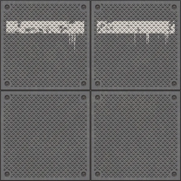 Rugged old anti-slip metal grid-tile floor texture with scratches, rust marks and painted lines - seamless texture perfect for 3D modeling and rendering — Stock Photo, Image
