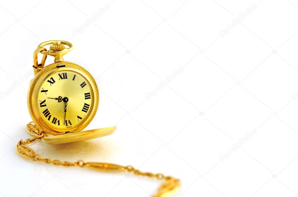 Antique (circa 1920) french gold pocket watch isolated on white - great for vintage themes