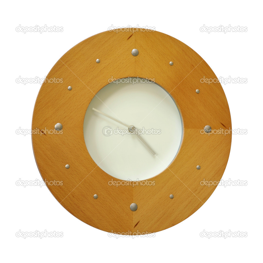 Modern wood & metal wall clock isolated on white