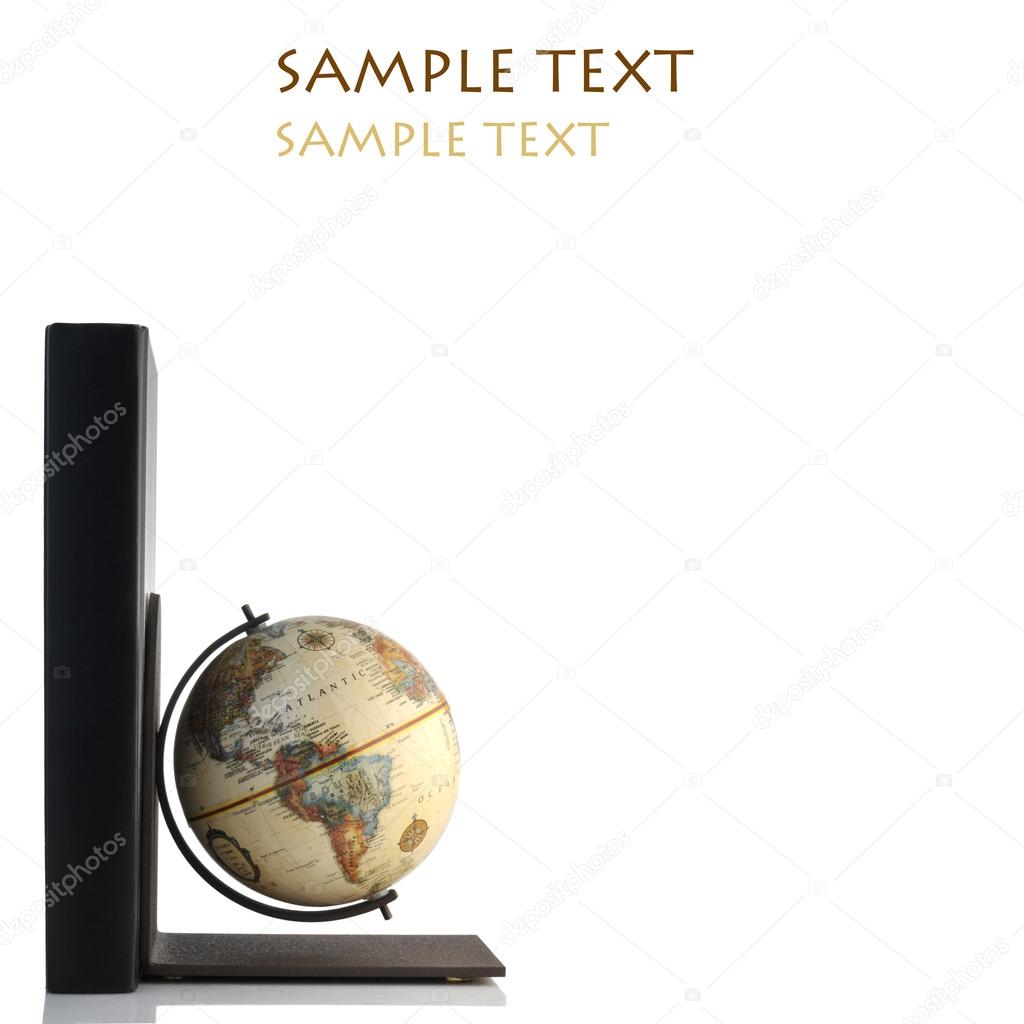Antique earth globe and travel book on white background - perfect for slides and presentations