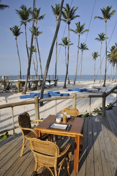 내려다 보이는 하얀 모래 해변에 바다와 야자수 나무 caribbeans에 레스토랑에서 테이블 — 스톡 사진