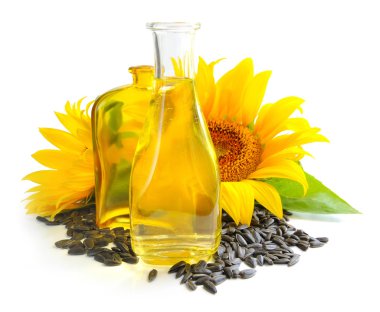 Ayçiçek yağı, ayçiçeği ve tahıl beyaz zemin üzerine çiçekli olduğunu.