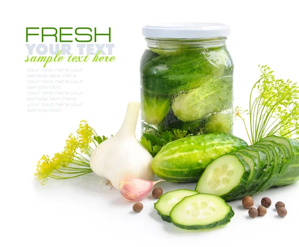 Preparing preserves of pickled cucumbers in jar with spices and herbs — Stock Photo, Image