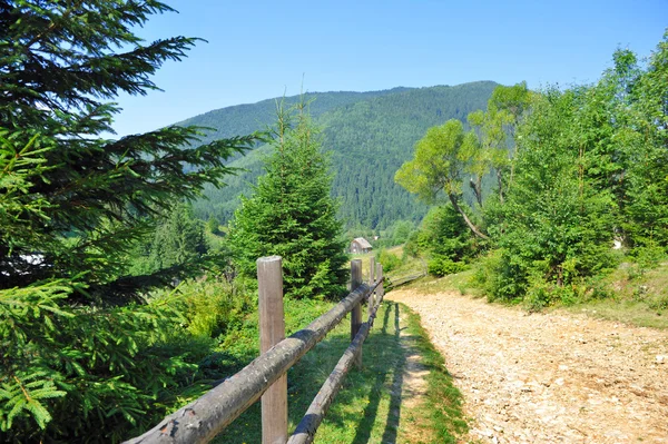 Estrada de terra e bela paisagem de montanha. Cárpatos, Ucrânia . — Fotografia de Stock