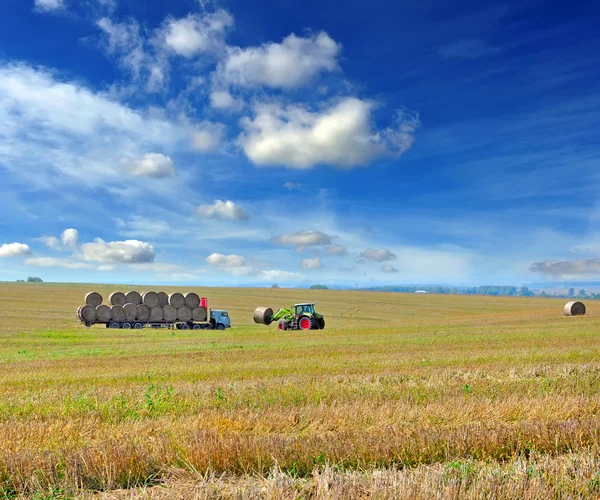 Paesaggio con un trattore che carica balle di paglia — Foto Stock