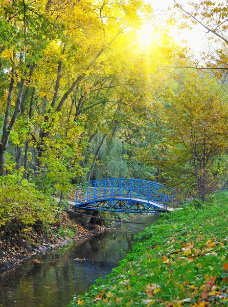 Bela paisagem de outono com o rio e por uma ponte — Fotografia de Stock