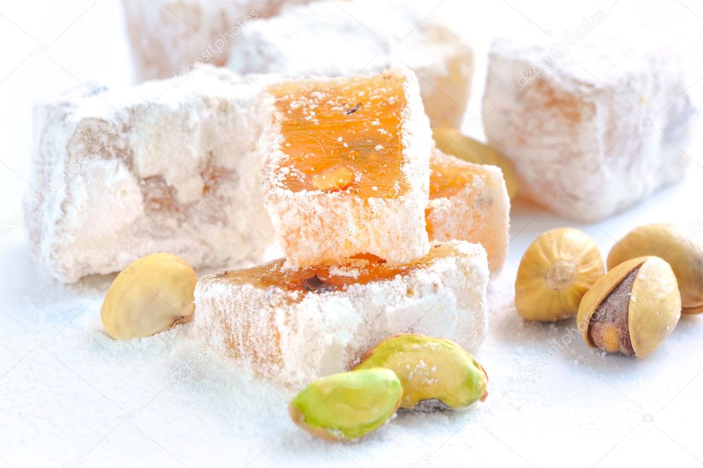 Turkish delight (lokum) with pistachios, closeup