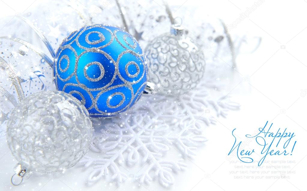 Christmas blue and silver decorations on white with sample text