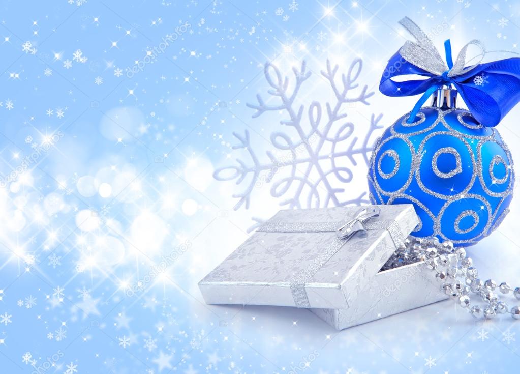 Christmas blue and silver decorations on festive background