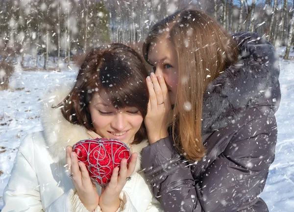 Två tjejer med ett dekorativt hjärta i vinter — Stockfoto