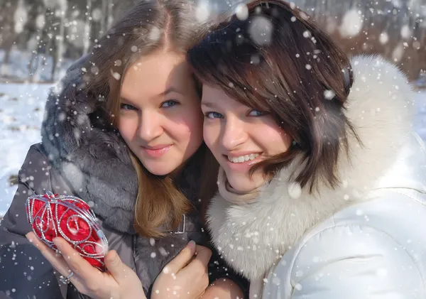 Kaksi tyttöä, joilla on koristeellinen sydän talvella — kuvapankkivalokuva