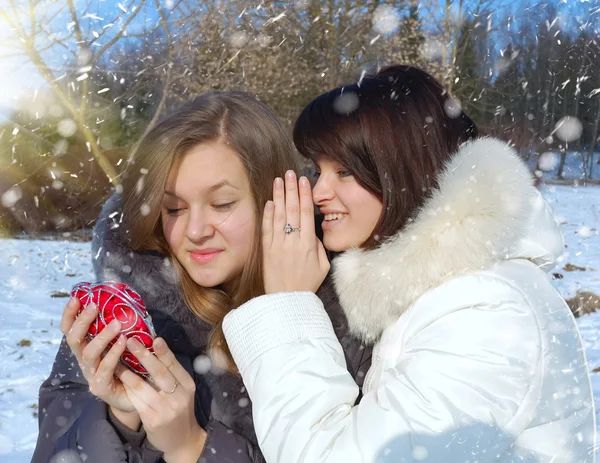 Zwei Mädchen mit einem dekorativen Herzen im Winter — Stockfoto