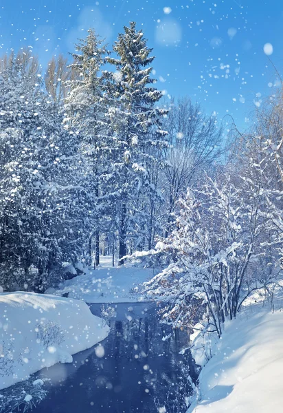 Winterlandschap met de rivier in ijzige dag — Stockfoto