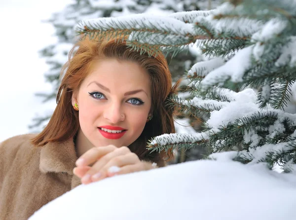 Winter young woman behind snow tree — Stock Photo, Image