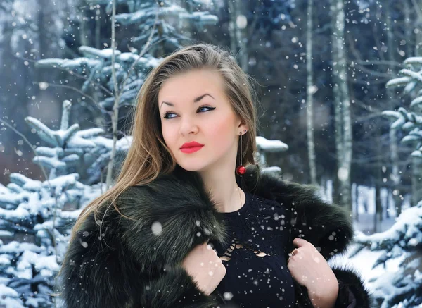 Young woman in winter forest — Stock Photo, Image