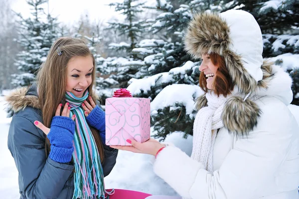 Unga vackra tjejer på vintern med en gåva — Stockfoto