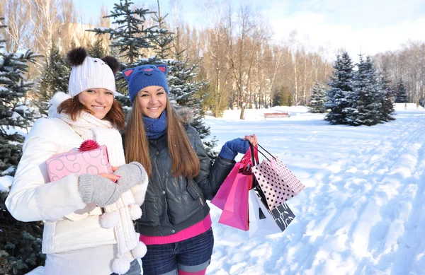 Šťastný krásky s nákupní tašky ve winter parku — Stock fotografie