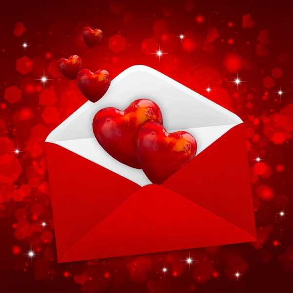 Decorative hearts are in a red postal envelope on a festive back — Stock Photo, Image