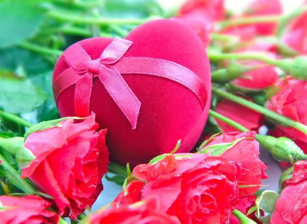 Pudełko w kształcie serca na tle czerwonych róż — Zdjęcie stockowe