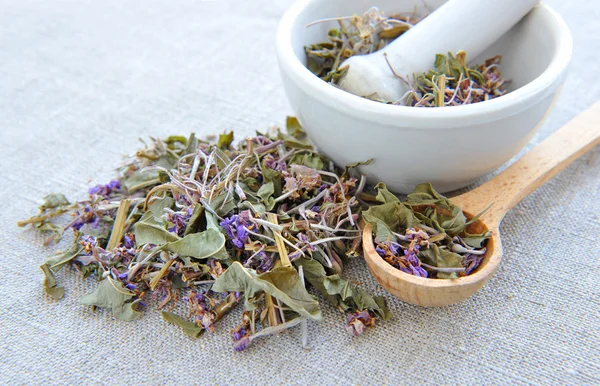 Dry herbal tea Chamerion on sackcloth, herbal medicine — Stock Photo, Image