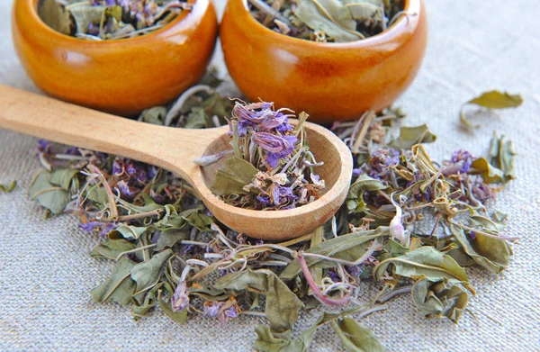Droge kruiden thee chamerion in een houten lepel op rouwgewaad, kruidengeneeskunde — Stockfoto