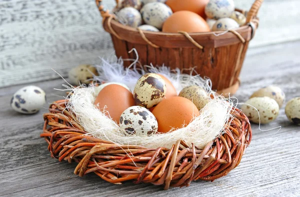 Verschillende soorten eieren in een nest op een oude houten achtergrond — Stockfoto