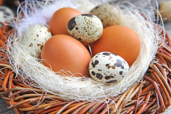 Verschillende soorten eieren in een nest op een oude houten achtergrond — Stockfoto