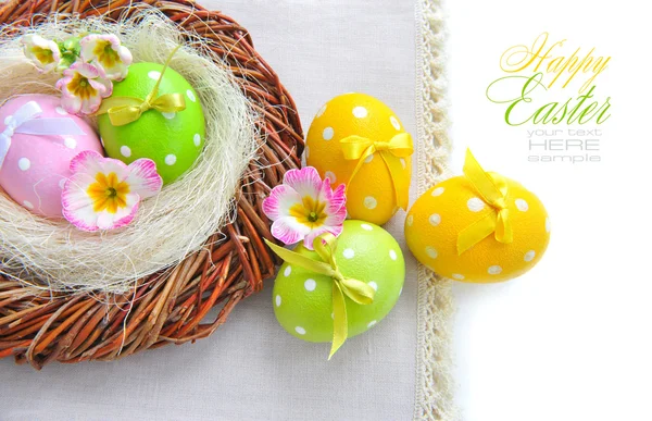 Colorful easter eggs - easter composition (with easy removable text) — Stock Photo, Image