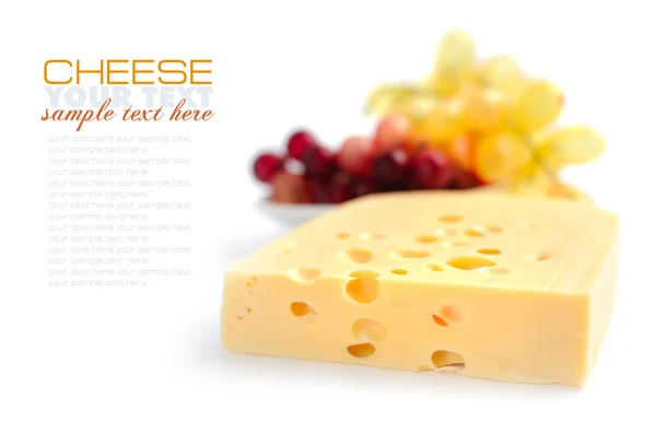 Pedaço de queijo é com videira em um fundo branco — Fotografia de Stock
