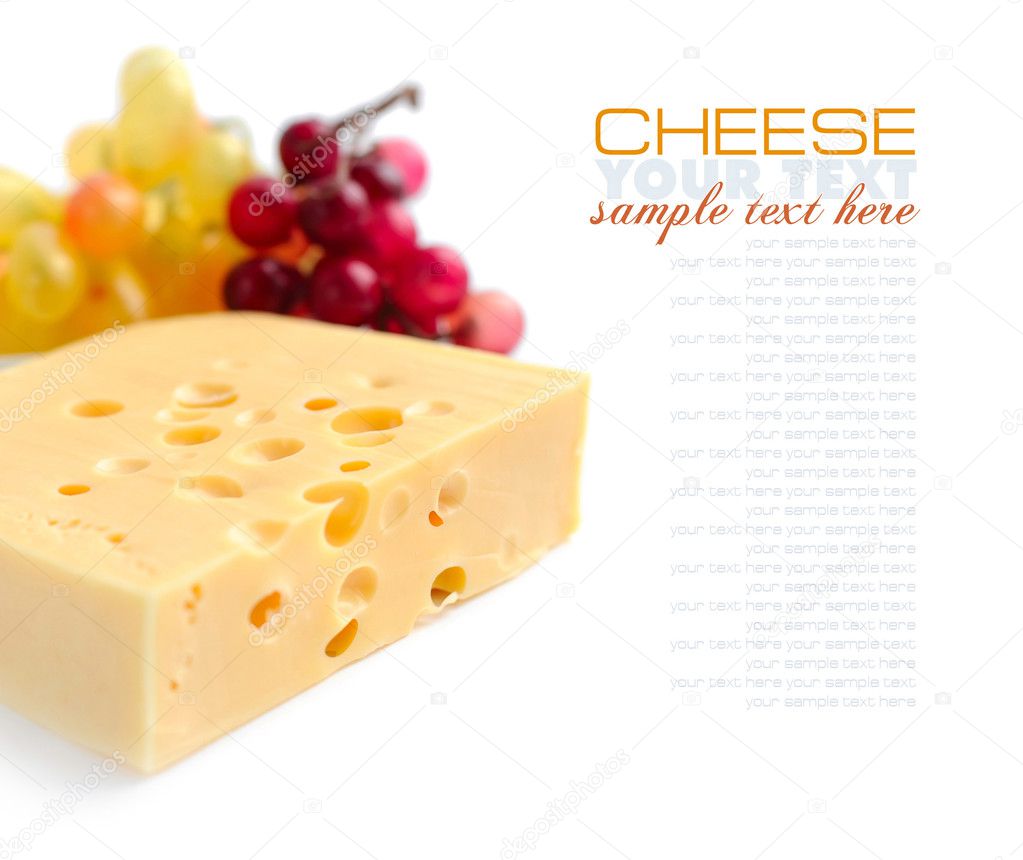 Piece of cheese is with vine on a white background