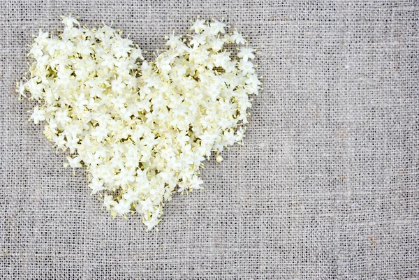 Coração de flores brancas em pano de saco — Fotografia de Stock