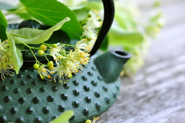 Teapot with linden tea and flowers, close-up — Stock Photo, Image