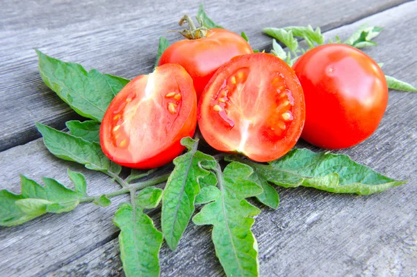 Tomatoes are with leaves on an old wooden table — Stock Photo, Image