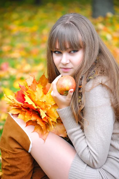 Portrait of beautiful young woman with autumn leaves — Stock Photo, Image