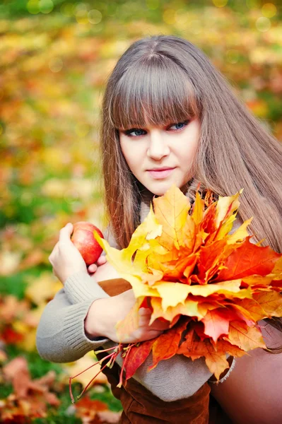 Retrato de una hermosa joven con hojas de otoño —  Fotos de Stock