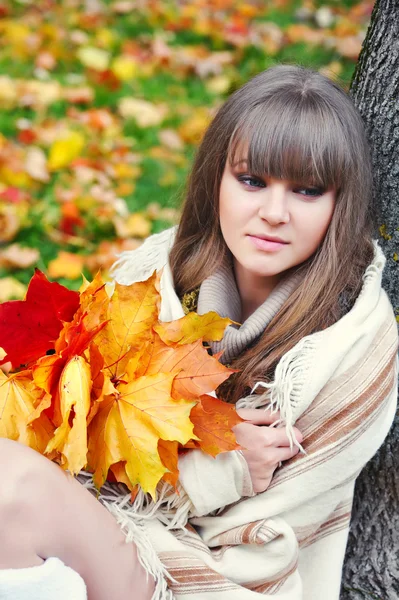 Porträt einer schönen jungen Frau mit Herbstblättern — Stockfoto