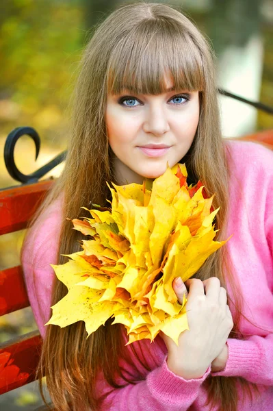 Hermosa joven con hojas de otoño en un parque — Foto de Stock