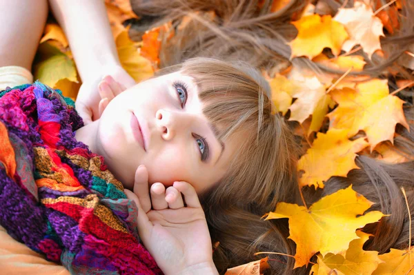 Yapraklar sonbaharda güzel genç kadın portresi — Stok fotoğraf