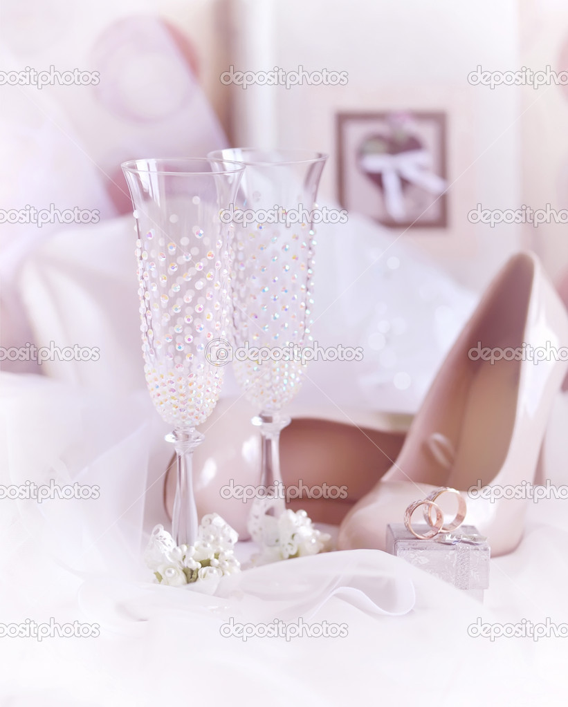Wedding goblets and accessories for bride, selective focus