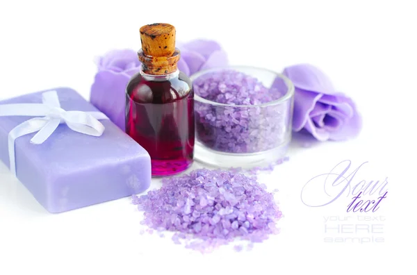 Lavender oil, sea salt and soap. Spa concept — Stock Photo, Image