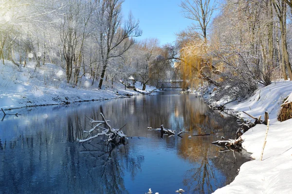 Bellissimo paesaggio invernale con il fiume — Foto Stock