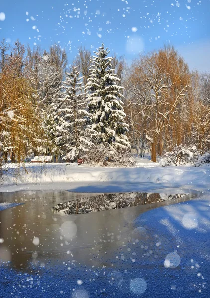 Paesaggio invernale con il fiume nella gelida giornata — Foto Stock