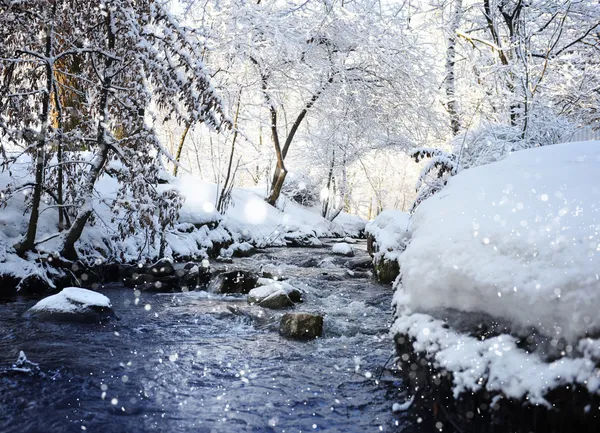 Vinterlandskap med floden i frostiga soliga dag — Stockfoto