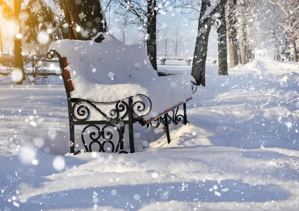 Banc dans le parc couvert de neige — Photo