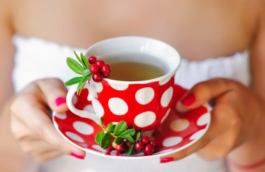 Fuska (Vaccinium vitis-idaea) çay kadın elinde
