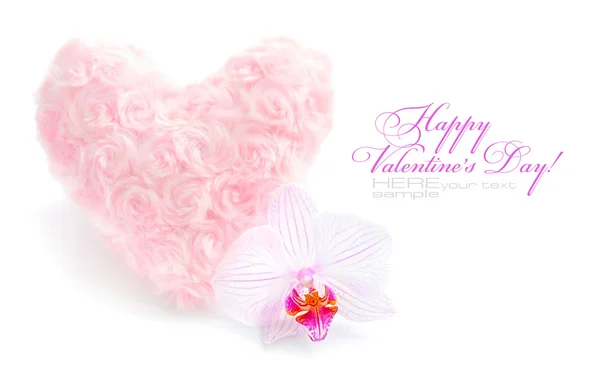 Fur pink heart with a flower orchid on white background — Stock Photo, Image