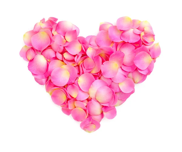 Hart met de roze bloemblaadjes geïsoleerd op wit — Stockfoto